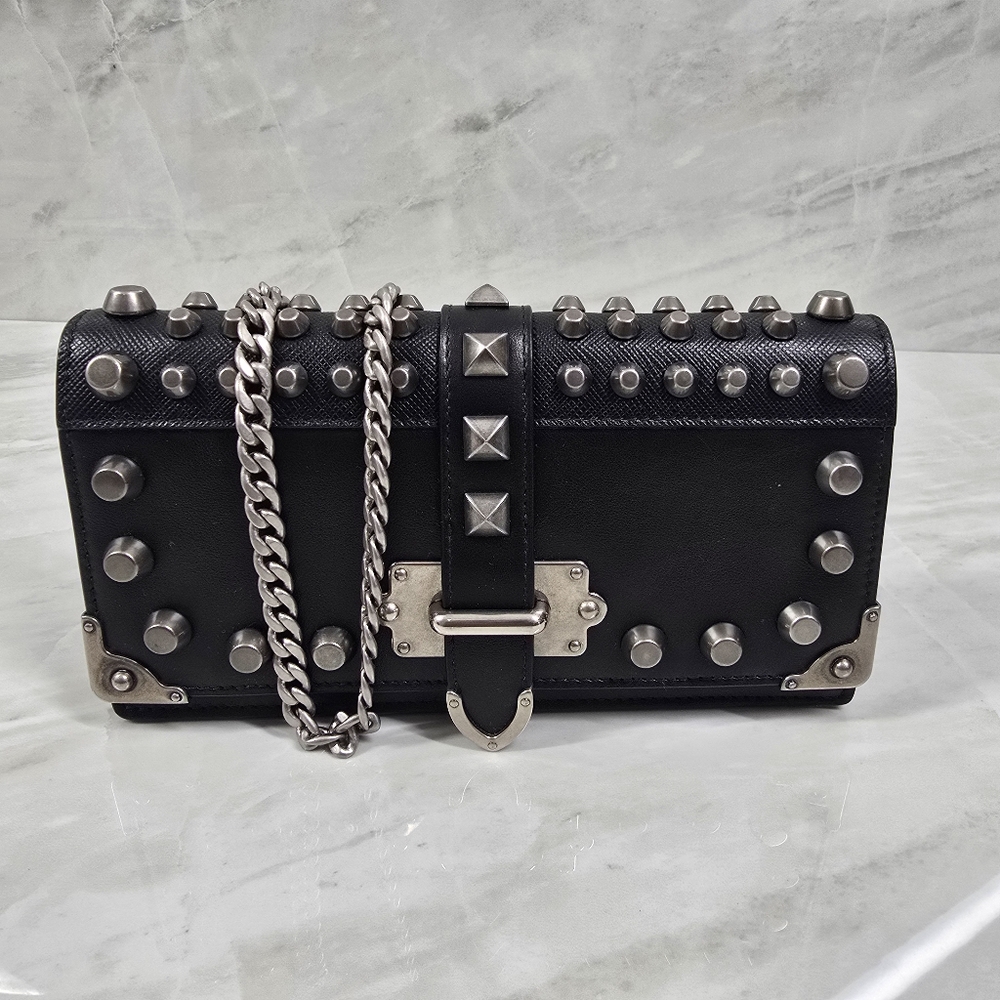 Prada Black Leather Studded Crossbody Bag with Silver Hardware
